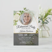 モダンなグリーンフローラル写真退職パーティー 招待状 (スタンド正面)