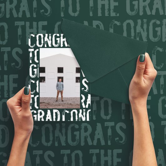 モダンなグリーン グランジー フォト 卒業発表 招待状