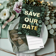 モダンなグリーン＆ゴールドのカリグラフィーでSave Our Date