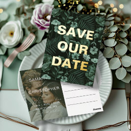 モダンなグリーン＆ゴールドのカリグラフィーでSave Our Date 箔シーズンポストカード