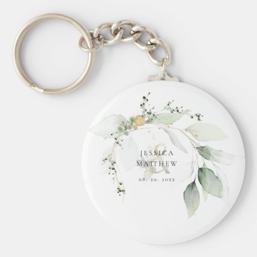 モダンなグリーン＆ゴールドのユーカリ キーホルダー (正面)