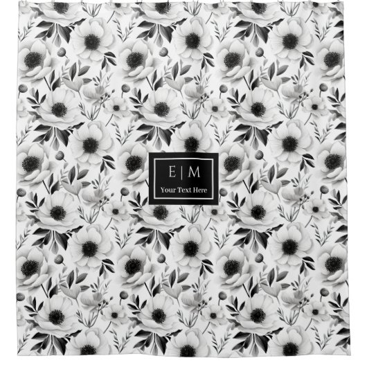 モダンなグレーの花柄カーテン オーダーメイド名入り シャワーカーテン (正面)