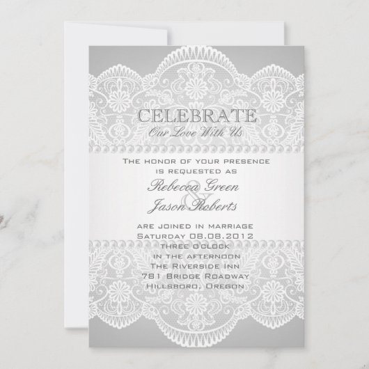 モダンなグレーパールホワイトレース ヴィンテージウェディング 招待状 (正面)