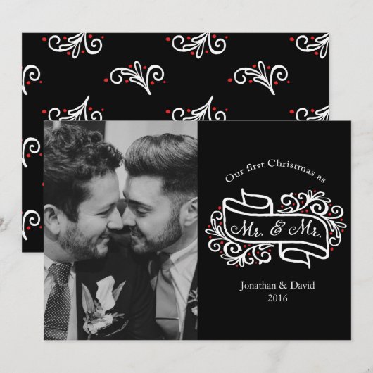 モダンなゲイ新婚夫婦のクリスマス写真グリーティング 招待状 (正面/裏面)