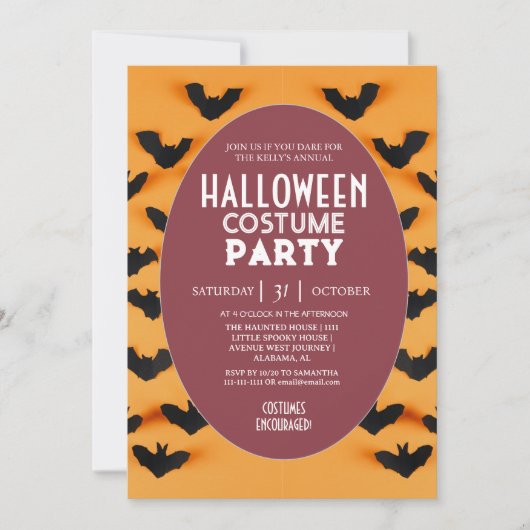モダンなコウモリ柄のハロウィンコスチュームパーティー 招待状 (正面)