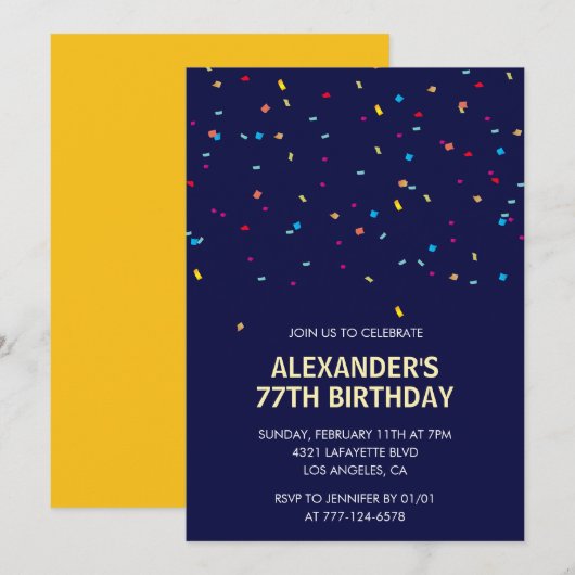 モダンなコンフェッティ ネイビーブルー メンズ 77歳の誕生日 招待状 (正面/裏面)