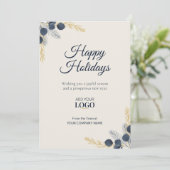モダンなコーポレートホリデー　ユーカリ　ネイビー＆ゴールド シーズンカード (スタンド正面)