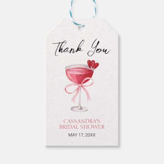 モダンなコーラス ピンクの蝶結び ウェディングシャワーのお礼 ギフトタグ (正面)