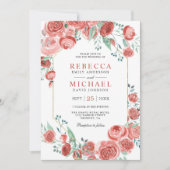 モダンなコーラルピンクのローズ フラワー ウェディング 招待状 (正面)