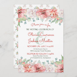 モダンなコーラルピンクの花の水彩ウェディング 招待状