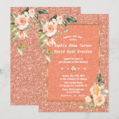 モダンなコーラル フラワー コーラル グリッター ウェディング 招待状 (正面/裏面)