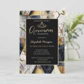 モダンなゴールドのティアラ,ブラックな幾何学マーブル 招待状 (スタンド正面)