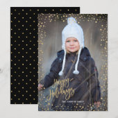 モダンなゴールドのドットとゴールドの文字が輝く ホリデーシーズンおめでとう シーズンカード (正面/裏面)