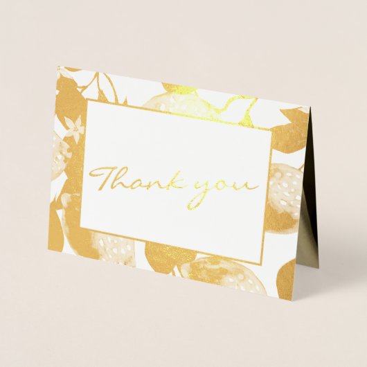 モダンなゴールドのレモンと葉の結婚式写真リアル 箔カード (正面)