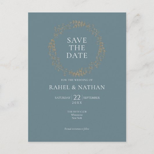 モダンなゴールドの花冠 Save the Date 案内ポストカード (正面)