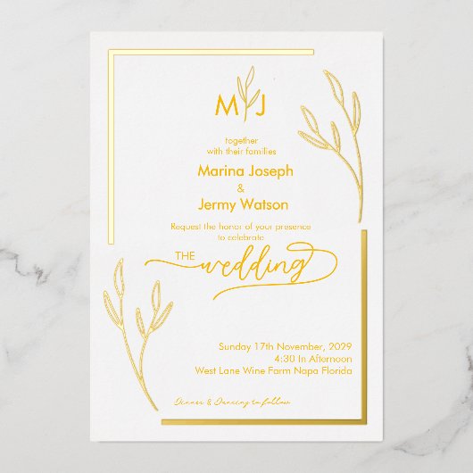 モダンなゴールドの葉の境界線とスクリプトされたモノグラムの招待状 箔招待状 (正面)