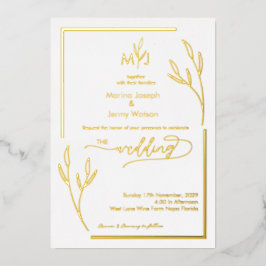 モダンなゴールドの葉の境界線とミニマルなモノグラム 箔招待状