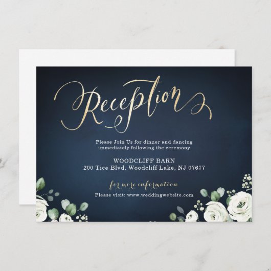 モダンなゴールドスクリプト ネイビー ホワイト フローラル 受付 エンクロージャーカード (正面/裏面)