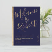 モダンなゴールドストライプ ネイビーブルー 結婚式の写真 招待状 (スタンド正面)