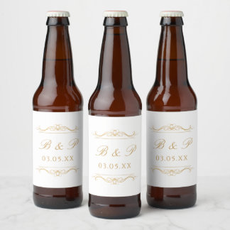 モダンなゴールドスワール ウェディング カスタムモノグラム ビールラベル