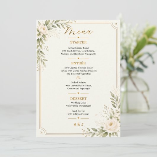 モダンなゴールドフラワーの結婚式メニューカード メニュー (スタンド正面)