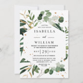 モダンなゴールドユーカリの植物グリーンウェディング 招待状 (正面)