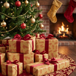モダンなゴールドレッドの植物的なクリスマス ラッピングペーパー