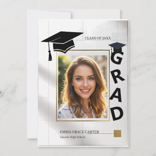 モダンなゴールド写真の卒業デザイン GRAD タイポグラフィ 招待状 (正面)