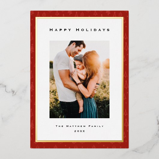 モダンなゴールド箔と赤い枠の家族写真 箔シーズンカード (正面)