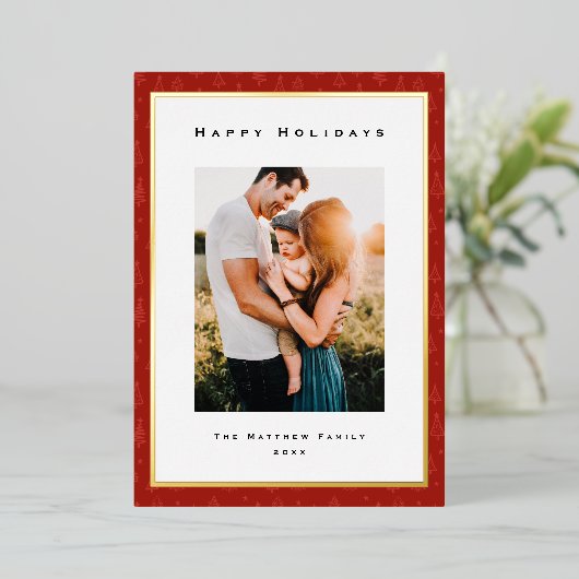 モダンなゴールド箔と赤い枠の家族写真 箔シーズンカード (立ち正面)