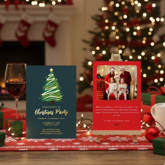 モダンなゴールド・レッド・グリーンツリーのクリスマス 箔招待状