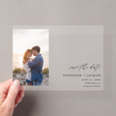 モダンなサイドVフォトの結婚式延期・日程変更のお知らせ アクリル招待状 (インサイチュ (ポータブル))