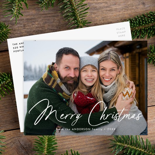 モダンなサインスクリプト メリークリスマス 写真 シーズンポストカード