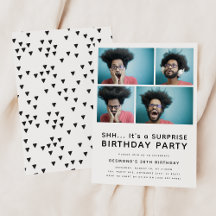 モダンなサプライズ誕生日パーティー 4枚の写真入り 招待状