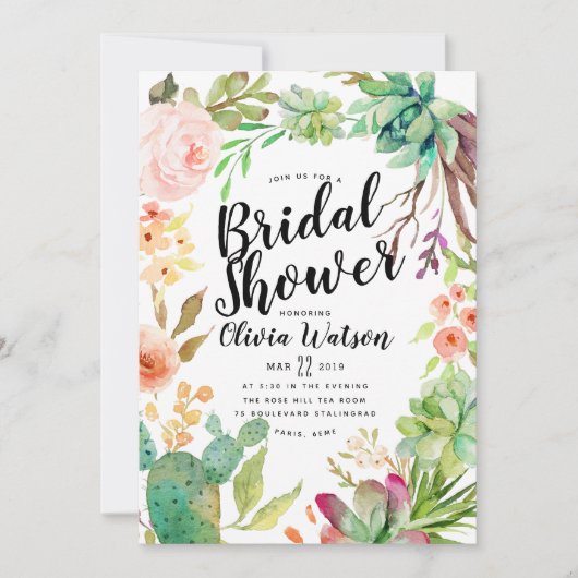 モダンなサボテンの水気が多い花のブライダルシャワー 招待状 (正面)