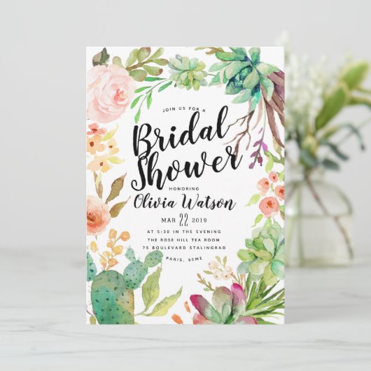 モダンなサボテンの水気が多い花のブライダルシャワー 招待状 (スタンド正面)