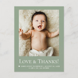 モダンなサンドグリーンのベビー「Love & thanks」モダン ポストカード