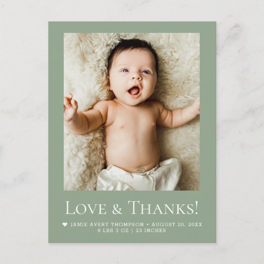 モダンなサンドグリーンのベビー「Love & thanks」モダン ポストカード (正面)