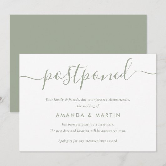 モダンなサージグリーン ウェディング延期 案内状 (正面/裏面)
