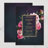 モダンなシックなピンクの牡丹ロマンチックゴールドウェディング 招待状 (正面/裏面)