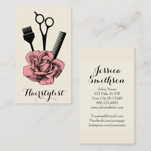 モダンなシックなヴィンテージの美容師の美容師のピンク 名刺 (正面/裏面)