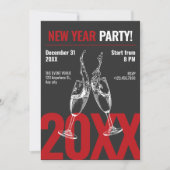 モダンなシャンパンで乾杯、ダークレッドの新年パーティー 招待状 (正面)