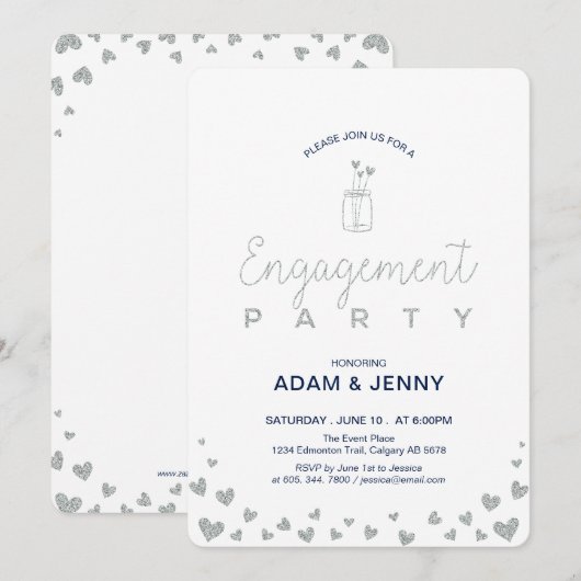 モダンなシルバーとネイビーの婚約パーティー招待状 招待状 (正面/裏面)
