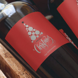 モダンなシルバーのクリスマスツリー（赤背景） ワインラベル