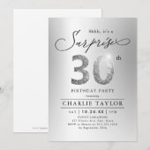 モダンなシルバーのグリッター 大人サプライズ 30歳の誕生日 招待状 (正面/裏面)