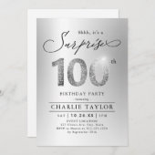 モダンなシルバーのサプライズ 100歳の誕生日 招待状 (正面/裏面)