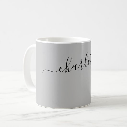 モダンなシルバーカラーのお名前のオーダーメイド コーヒーマグカップ (正面左)