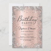 モダンなシルバーグリッターとローズゴールドの21歳の誕生日 招待状 (正面)