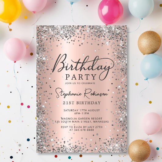モダンなシルバーグリッターとローズゴールドの21歳の誕生日 招待状