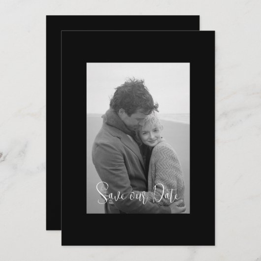 モダンなシンプルさの黒と白の写真 セーブザデート (正面/裏面)